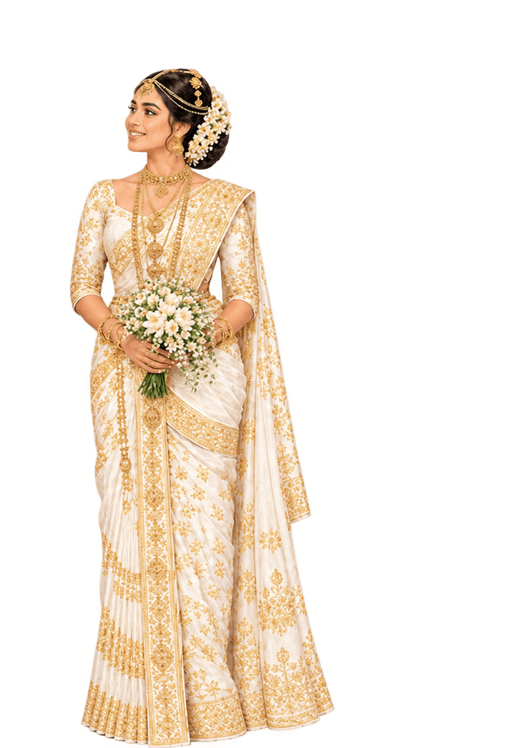 Bride in an ivory and gold wedding saree